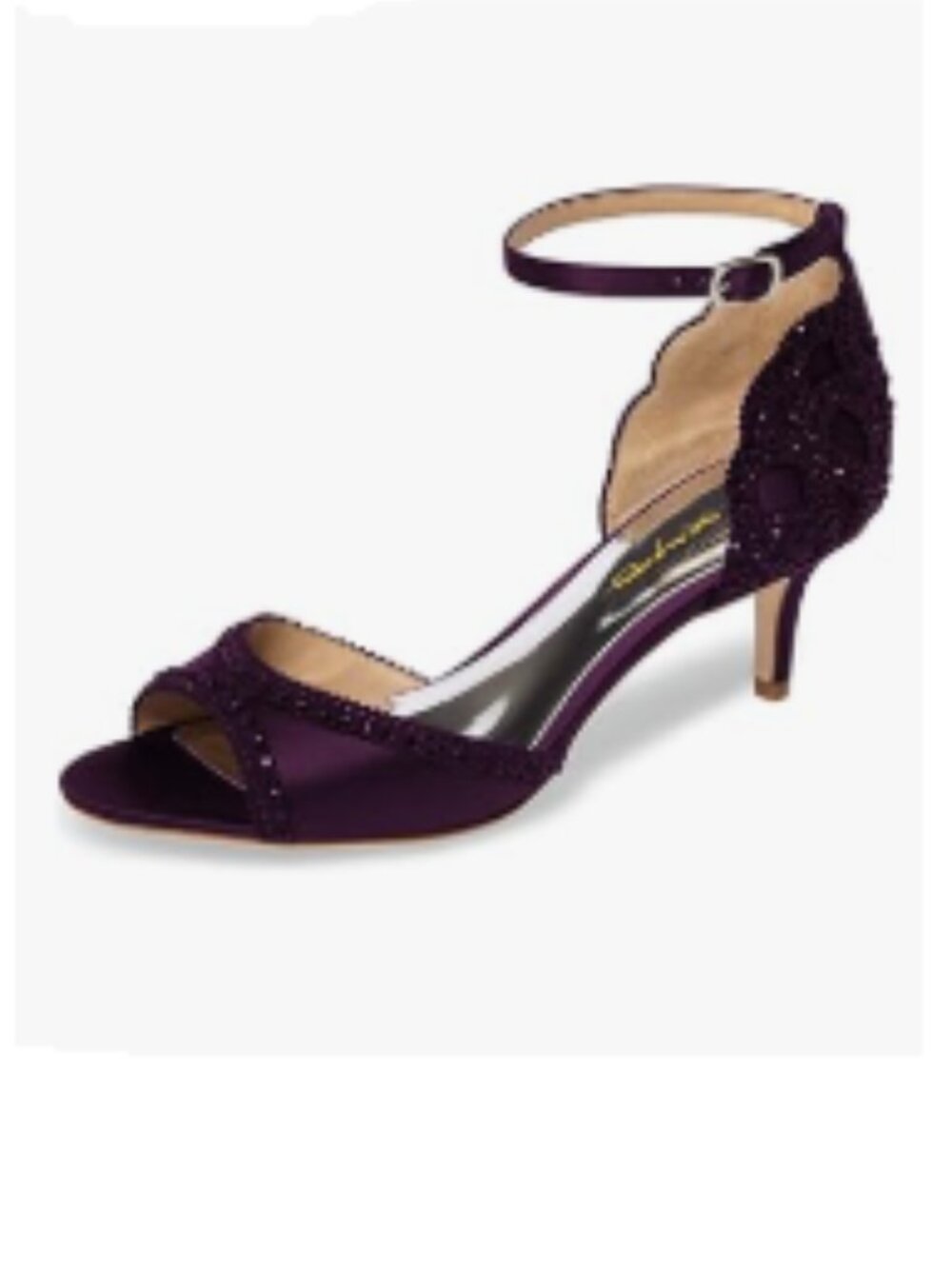XYD Dark Purple Peep Toe D'Orsay Kitten Heel Rhinestone Ankle Strap Satin Sandal
